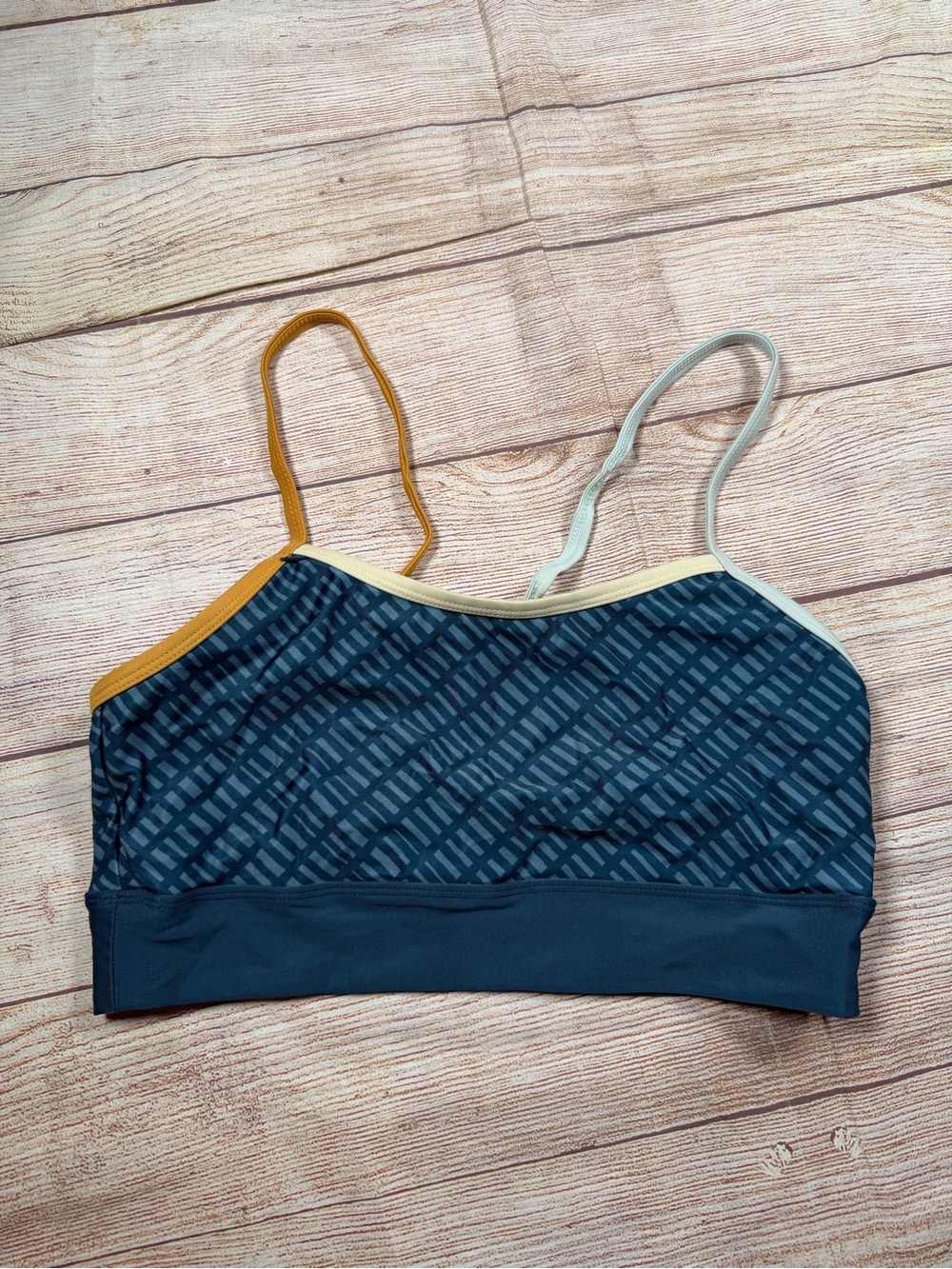 Nani Swimwear Navy Patterned Asymmetrical Strappy Bikini Top with Contrast Trim